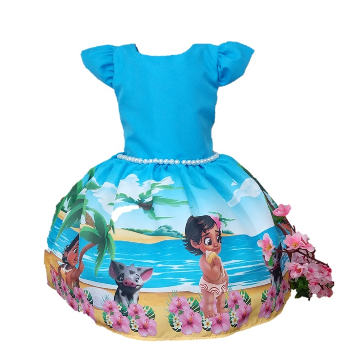 Vestido Moana Azul Luxo Temático Infantil Festa - IS STORE