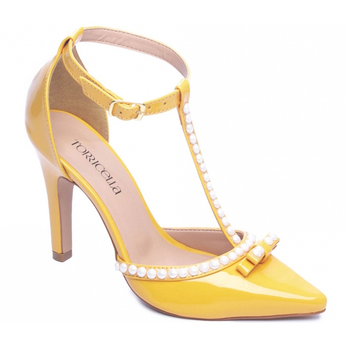 Scarpin Colorido Verniz Amarelo com P rolas Salto Alto Bico Fino