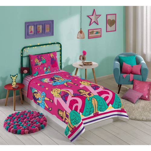 Jogo de Cama Solteiro Infantil Lepper Barbie Super Princesa Rosa