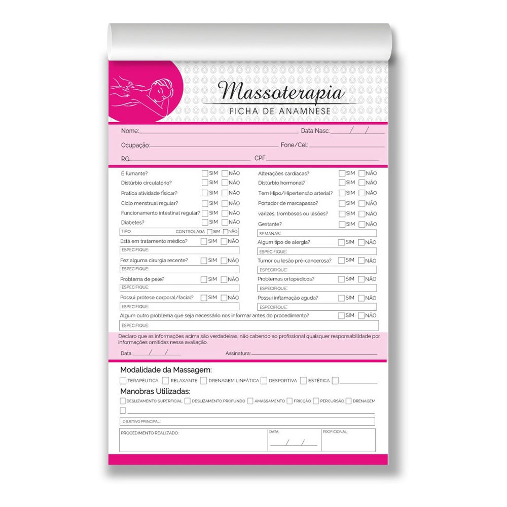 Ficha Anamnese 15x21 Para Massoterapia