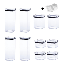 Menor preço em Kit 10 Potes Herméticos Retangular Empilhável Acrílico + Brinde Porta Sabão