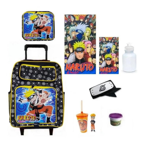 Kit Mochila De Rodinhas Grande Menino Naruto Aula + Toalha