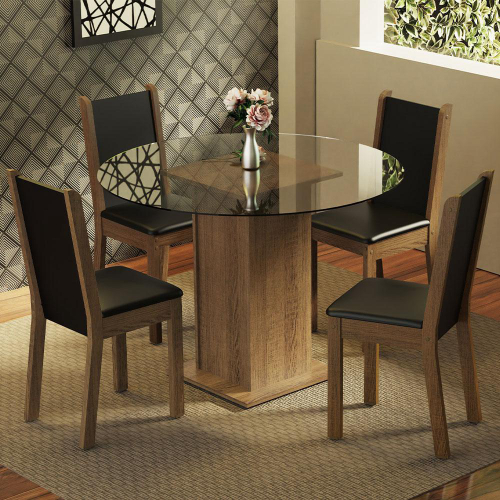 CONJUNTO MESA 4 CADEIRAS FORMATO CROMADA 1,20X0,80 COM VIDRO PRETO E CORINO  PRETO - ATACADÃO DOS ELETROS