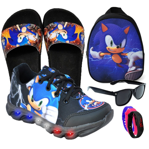 Tênis Infantil Masculino Slip On Personagem Sonic Carros Preto Básico +  Chinelo