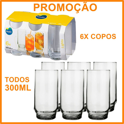 Jogo Copos De Vidro ligth Conjunto Com 6 Copos com 300 Ml no Shoptime