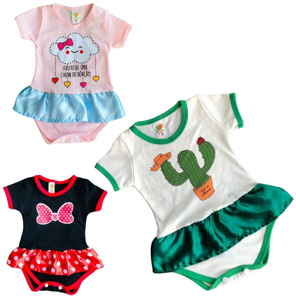 Kit 3 Body malha infantil feminino saia beb recem nascido em