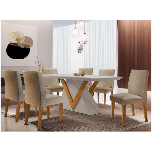 Conjunto de Mesa de Jantar com 6 Cadeiras Lívia Linho Off White e Turim 200  cm