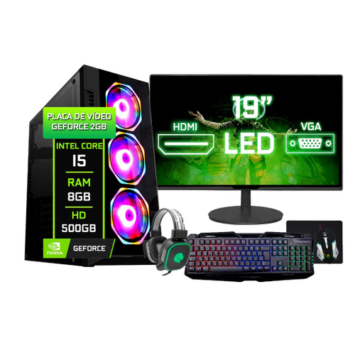 Pc Gamer Barato Completo Intel i5 8GB HD 500GB Geforce 2GB Monitor 19 - Kit Gamer Teclado Mouse Headset