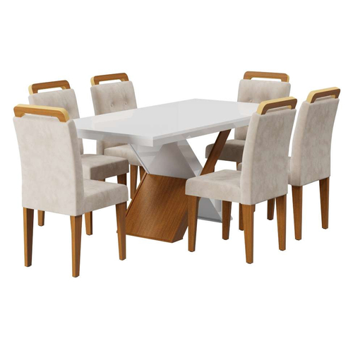 Conjunto De Jantar Hércules C/ Mesa De Jantar 160cmx90cm Tampo Em Laca e  Vidro Off White / Capuccino + 6 Cadeiras Estofadas Facto Cinza / Capuccino  - attraktiva