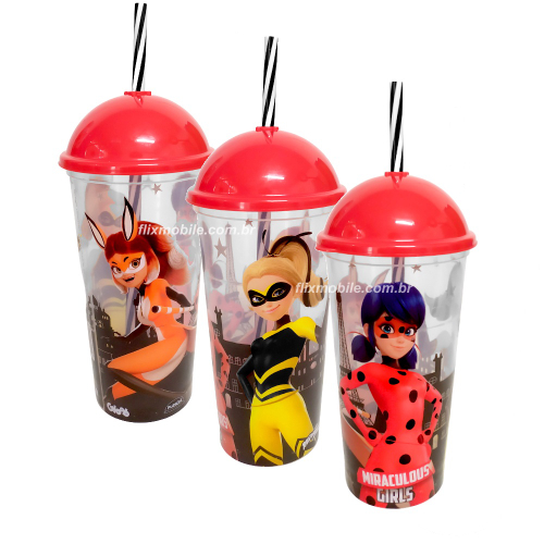 Copo Miraculous Ladybug Infantil com Canudo e Tampa 500ML Plasútil