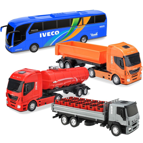 Kit 4 Caminhao Iveco Brinquedo Bebida, Carroceria, Lixo e Tanque