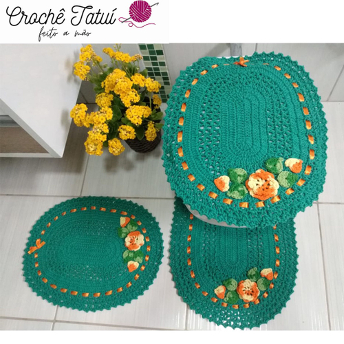 Jogo de banheiro em croche 3 peças decoração verde. em Promoção na