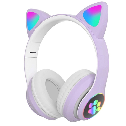 Fone Bluetooth de Gatinho Rosa Claro com Iluminação LED