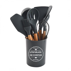 Conjunto Utensílios de Cozinha Kit 12 Peças Silicone com Cabo de Madeira Colher Pegador Concha Espátula Pincel Cozinha Cinza é boa?