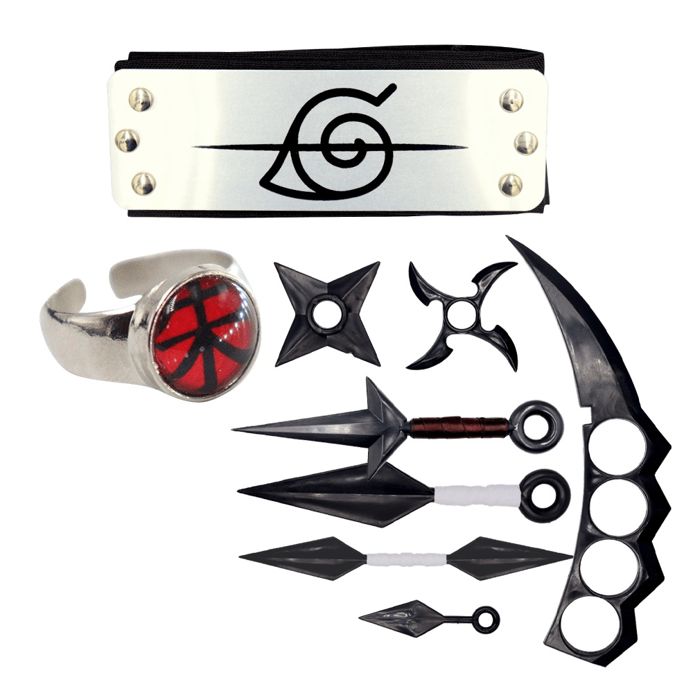 Kit Bandana Flexivel e Kunais Naruto + Anel Regulavel Itachi +