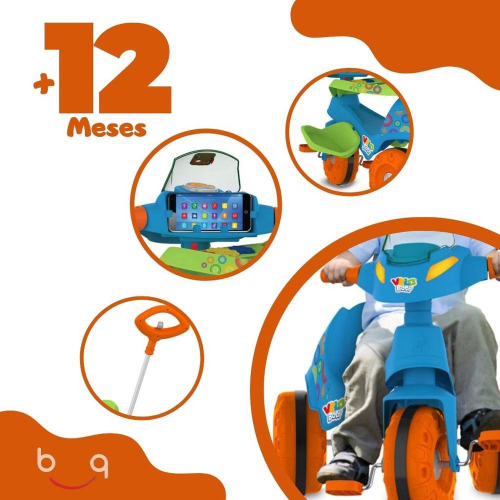 Triciclo Infantil com Empurrador Bandeirante Velobaby Azul 206