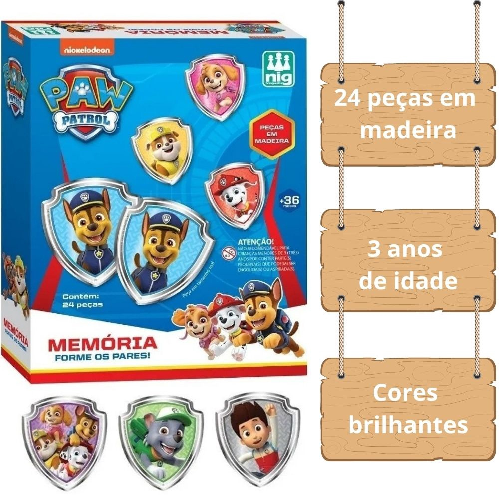 Jogo Da Memória Patrulha Canina Infantil 24 Peças Grandes Em Madeira  Educativo Brinquedo Infantil Menino Menina 3 Anos : :  Brinquedos e Jogos