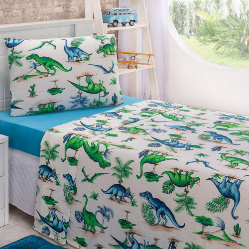 Jogo Cama Lençol Diverkids Solteiro Infantil Malha Soft 100% Algodão 3  Peças - Dinossauro Verde Azul