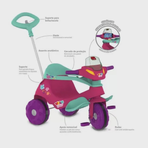 Triciclo Motoca Infantil Tico Tico Pets Rosa com Haste Removível