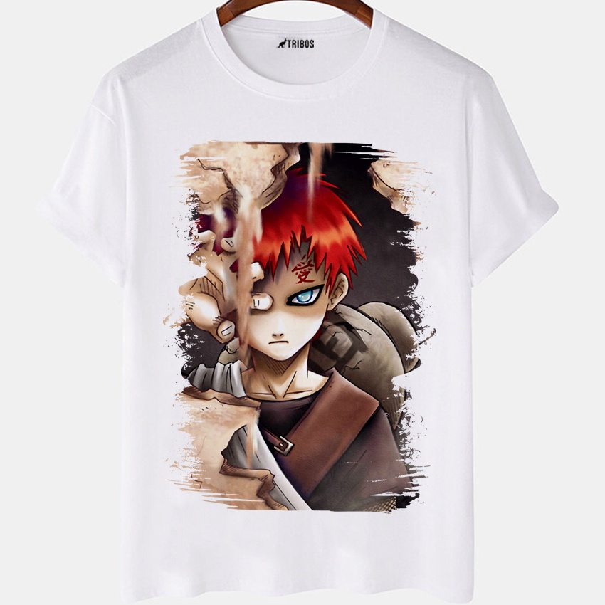 Camiseta Manga Curta em Algodão com Estampa do Gaara Branco