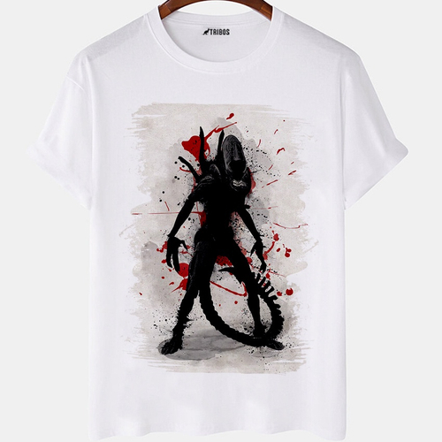 Camiseta masculina Alien Desenho Filme Arte Capa Camisa Blusa Branca  Estampada