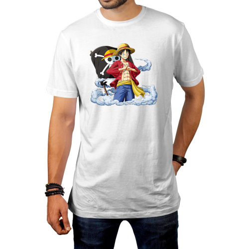 Camiseta One Piece Manga Personagem Luffy Bandeira Pirata Camisa Camiseta Pronta Entrega Manga Curta Gola Redonda Branca Preta Vermelha Cinza Verde Azul Estampa Tamanho P M G Gg Disponivel Promocao Em Promocao