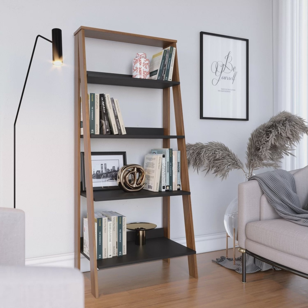 Estante Para Livros Escada 4 Prateleiras Tok Yescasa Preto Fosco/Noce Milano
