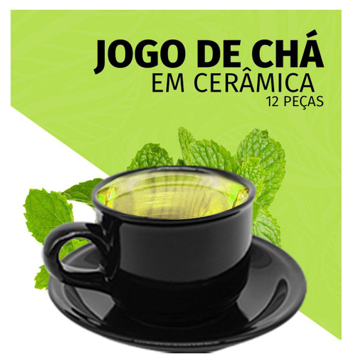 Jogo de Café Chá Completo Cerâmica Poá Preto Kit 11 Peças no Shoptime