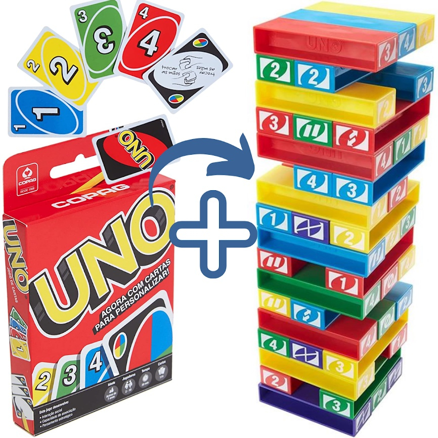 Kit Jogo Uno Stacko Torre De Empilhar + Uno Cartas Baralho em