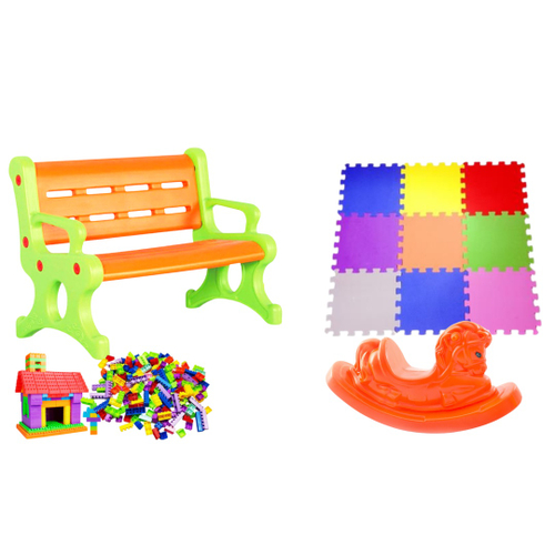 Kit escolinha-creche banco lápis premium 2 lugares + cavalinho