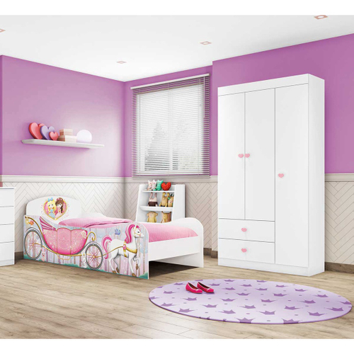 Jogo de Quarto Infantil Cama e Guarda Roupa Princesa Rosa em