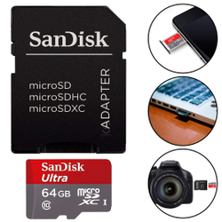 Cartão de Memória 64GB SanDisk Micro sd Ultra com Adaptador Menor preço em Cartão de Memória 64GB SanDisk Micro sd Ultra com Adaptador
