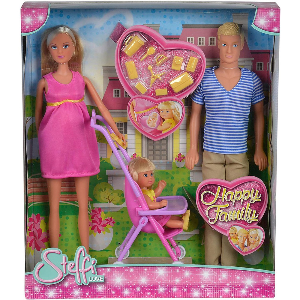 Boneca Steffi Love Grávida Familia Feliz Estilo Barbie Ken e filha Evi bebê