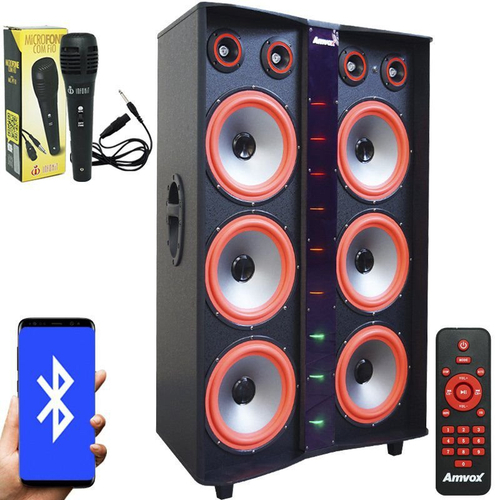 Caixa Som Amplificada Bluetooth 3000W Rms 6 Subwoofer LED Microfone Bivolt  Amvox Aca 3000 Paredão