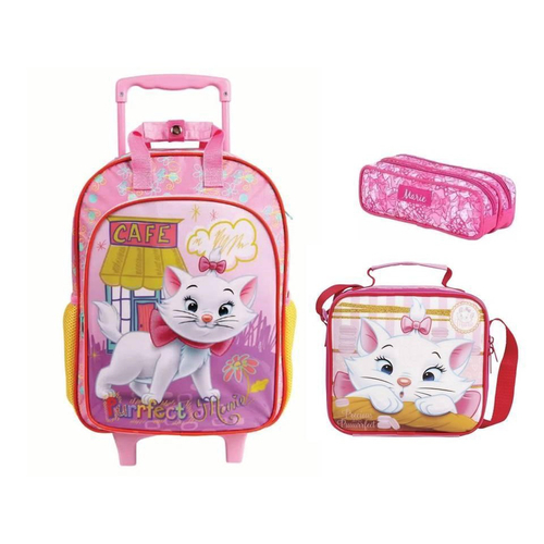 Kit Mochila Infantil Escolar Com Rodinhas Gata Marie