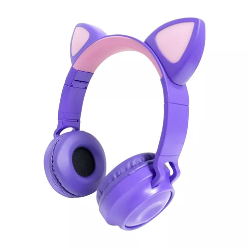 Fone de ouvido roxo com olhelha de gato