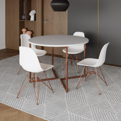 Mesa Industrial Jantar Redonda Branca 110Cm Base V Com 4 Cadeiras Eames Brancas Base Cobre Menor preço em Mesa Industrial Jantar Redonda Branca 110Cm Base V Com 4 Cadeiras Eames Brancas Base Cobre