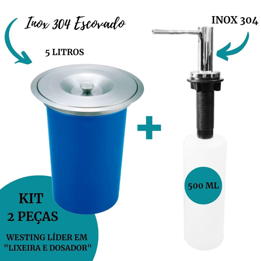 Kit Lixeira De Embutir Pia Cozinha Litros Azul Inox Escovado Dosador De Detergente Inox