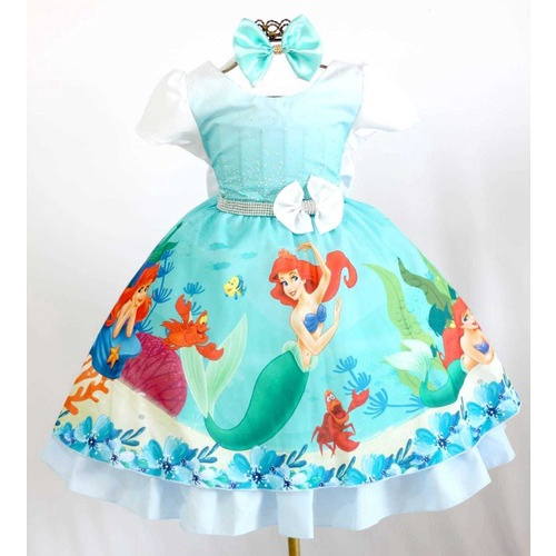 Vestido Infantil Fantasia Sereia Ariel Fundo Do Mar + Tiara