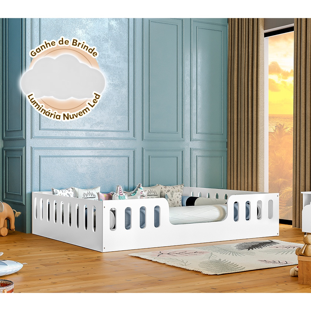 Cama Casal Design Montessoriana Helo Branco + Brinde Luminária Led