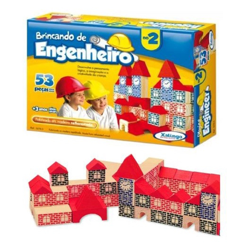 Brincando de Engenheiro c/ 53 peças Jogo de Blocos de Montar em Madeira -  Brinquedo Educativo