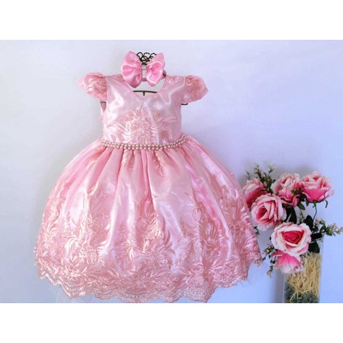 Vestido Infantil de Festa Rosa Bebê Luxo Princesa