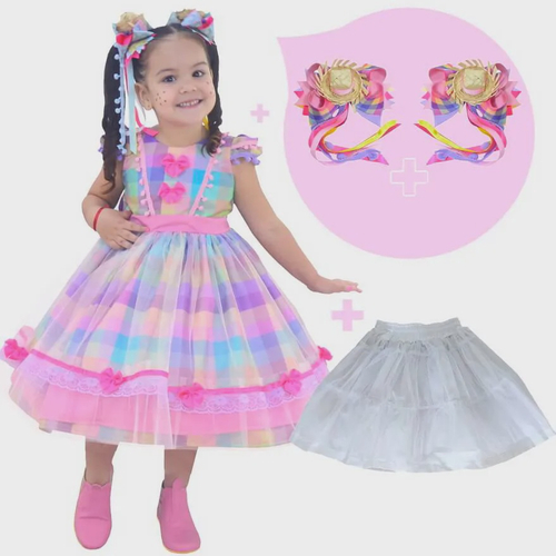 Kit Vestido infantil Festa Junina xadrez + saia filó + laço cabelo