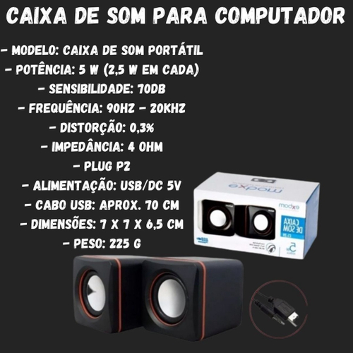 Caixa Caixinha De Som Para Computador Notebook Pc 6w Usb P2 - RVR - Caixa  de Som para Computador - Magazine Luiza