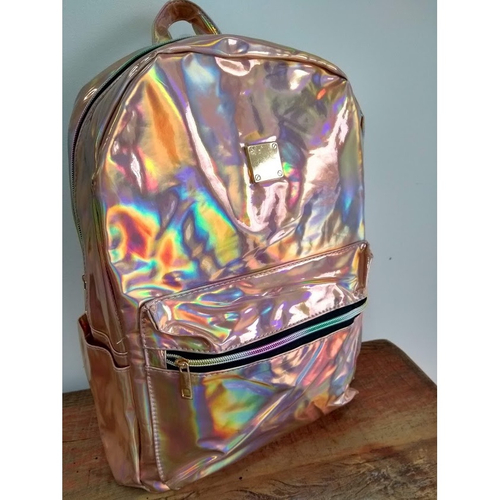 Mochila Grande Holografica Laser Metalizada p viagem escolar academia Rosa Dourada Prata em Promocao na Americanas