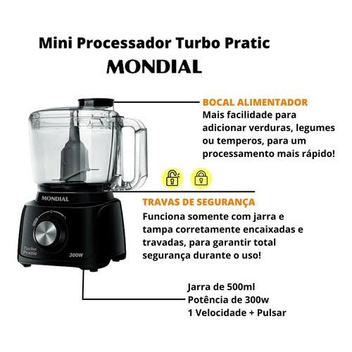 Mini Processador Turbo Pratic Mondial MP16B Preto em Promoção na Americanas