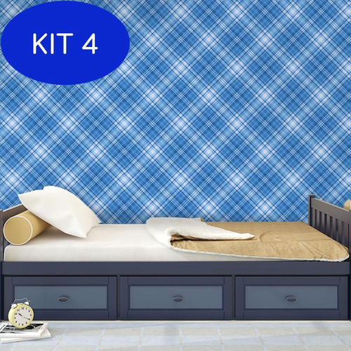 Kit 3 Papel De Parede Adesivo Xadrez Azul Linhas Quarto Sala no Shoptime