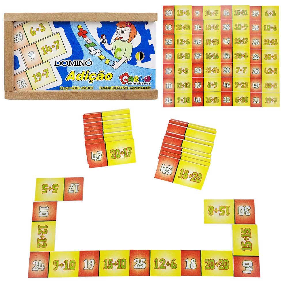 Dominó Jogo Educativo Pedagógico Matemático Adição 28pcs Mdf