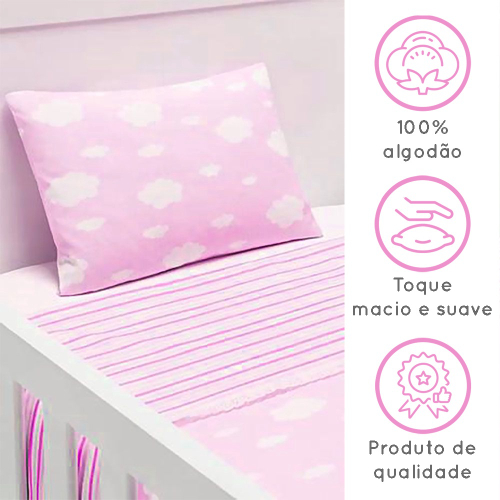 Jogo de Lençol Nuvem Rosa Para Berço Americano Baby Joy