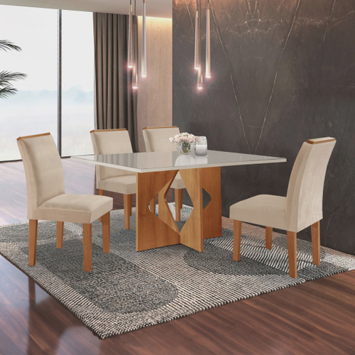 Conjunto Sala de Jantar Mesa Kiara 160x90cm Tampo Vidro/MDF com 4 Cadeiras  Yasmin DJ Móveis